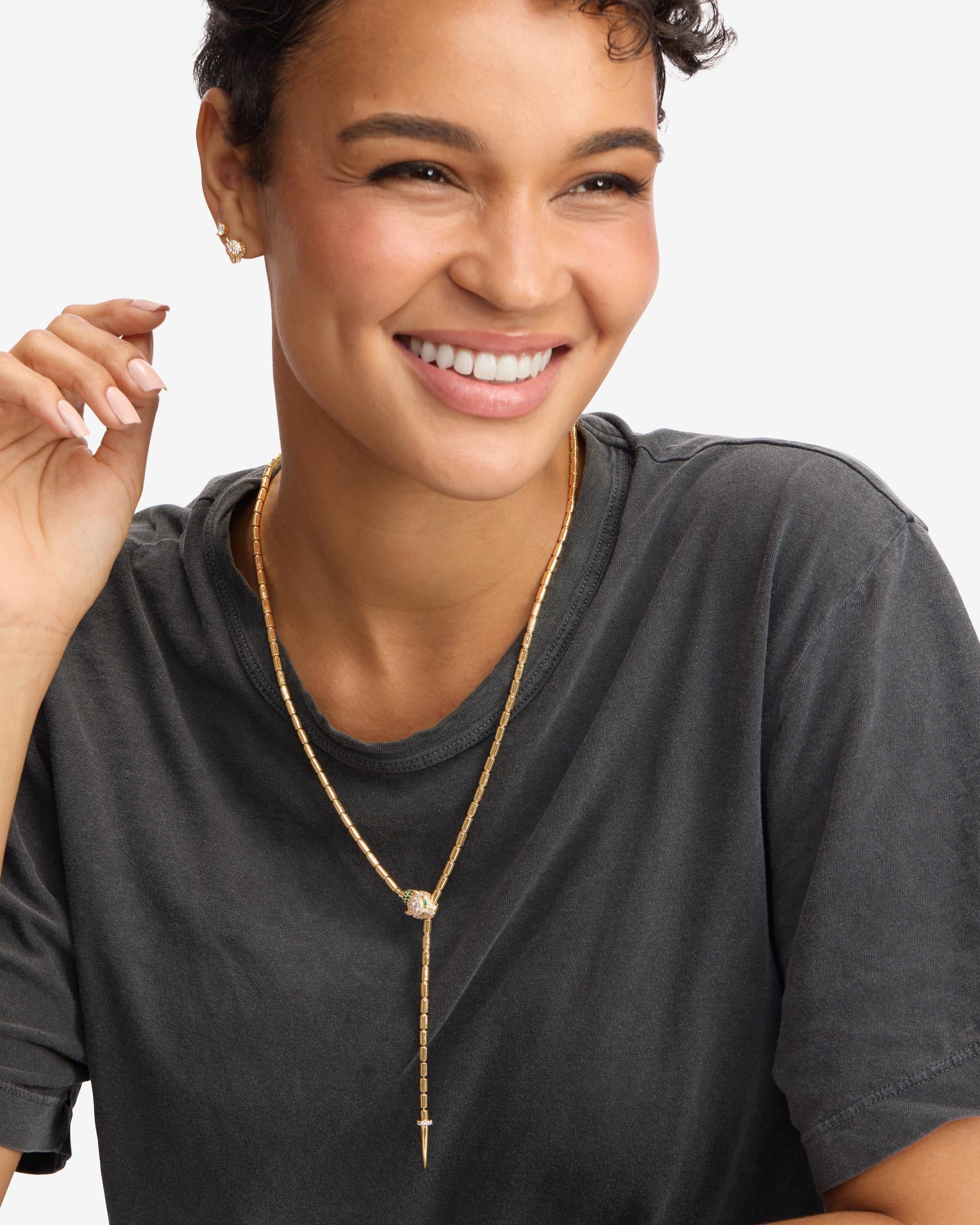 Jaguar Bolo Lariat Necklace - Gold|White Diamondettes - Image 2
