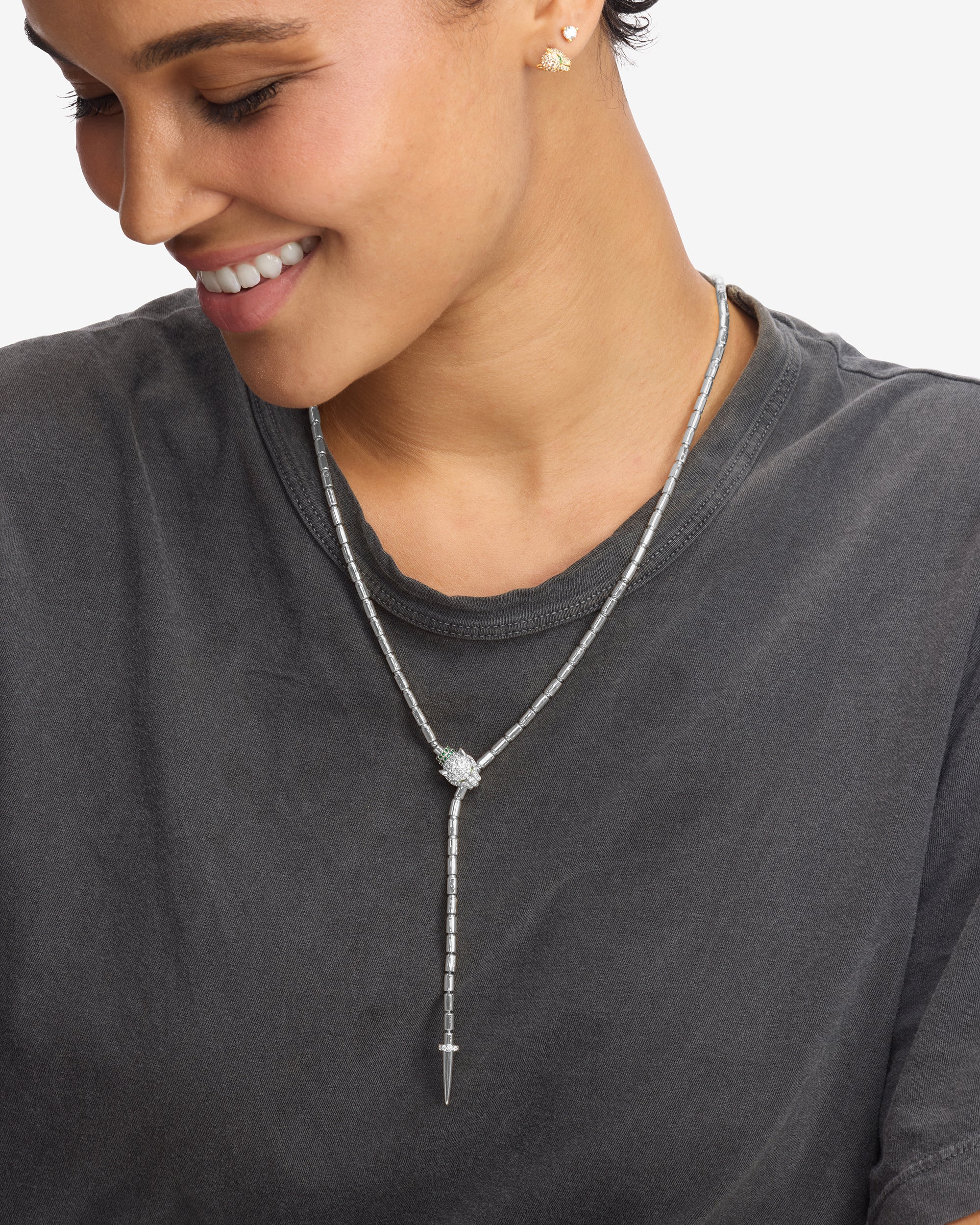Jaguar Bolo Lariat Necklace - Silver|White Diamondettes - Image 2