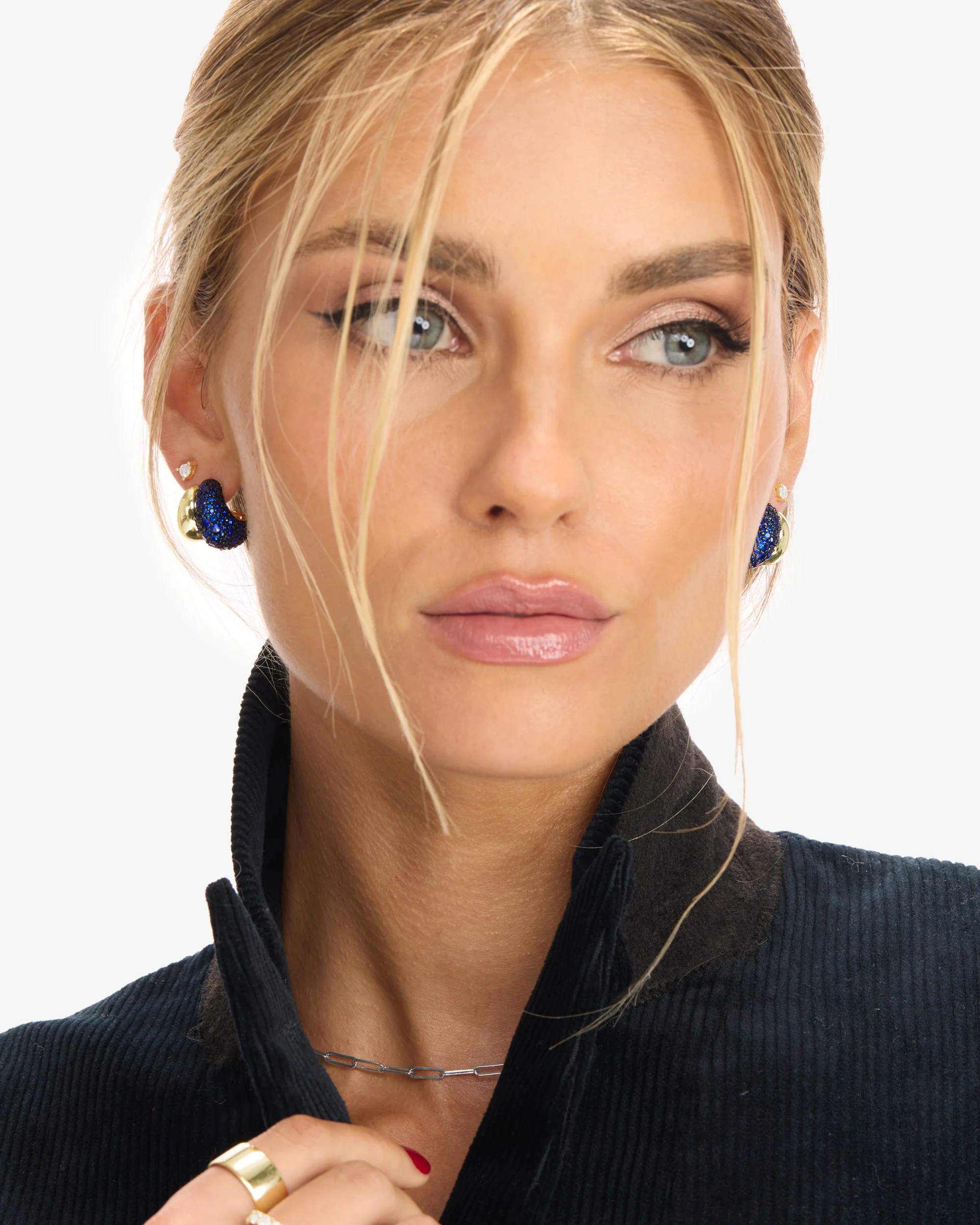 Norah Pavé Double Hoop - Gold|Blue Sapphire - Image 4