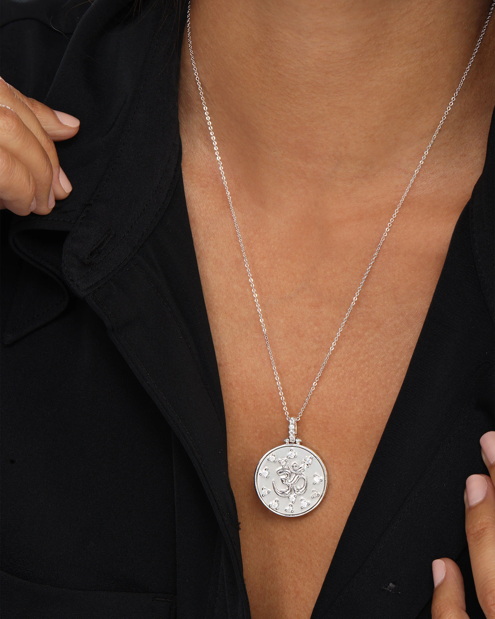 Om Medallion Necklace - Silver|White Diamondettes - Image 2