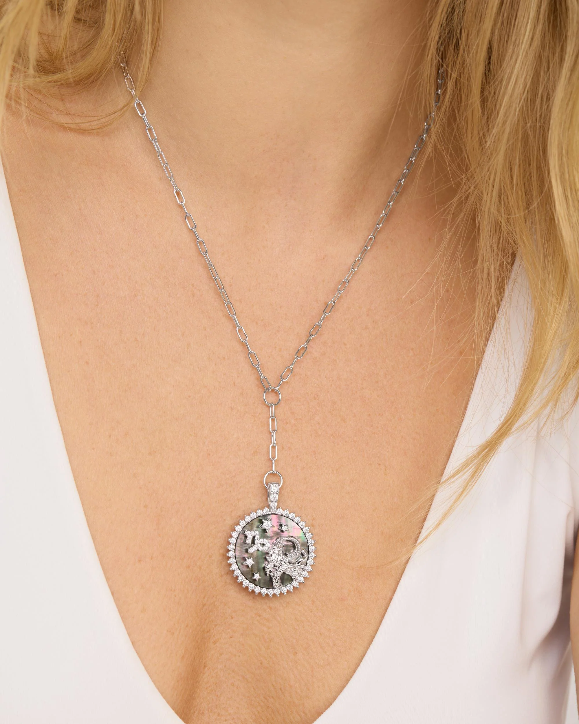 Zodiac Medallion Necklace - Silver|White Diamondettes - Image 40