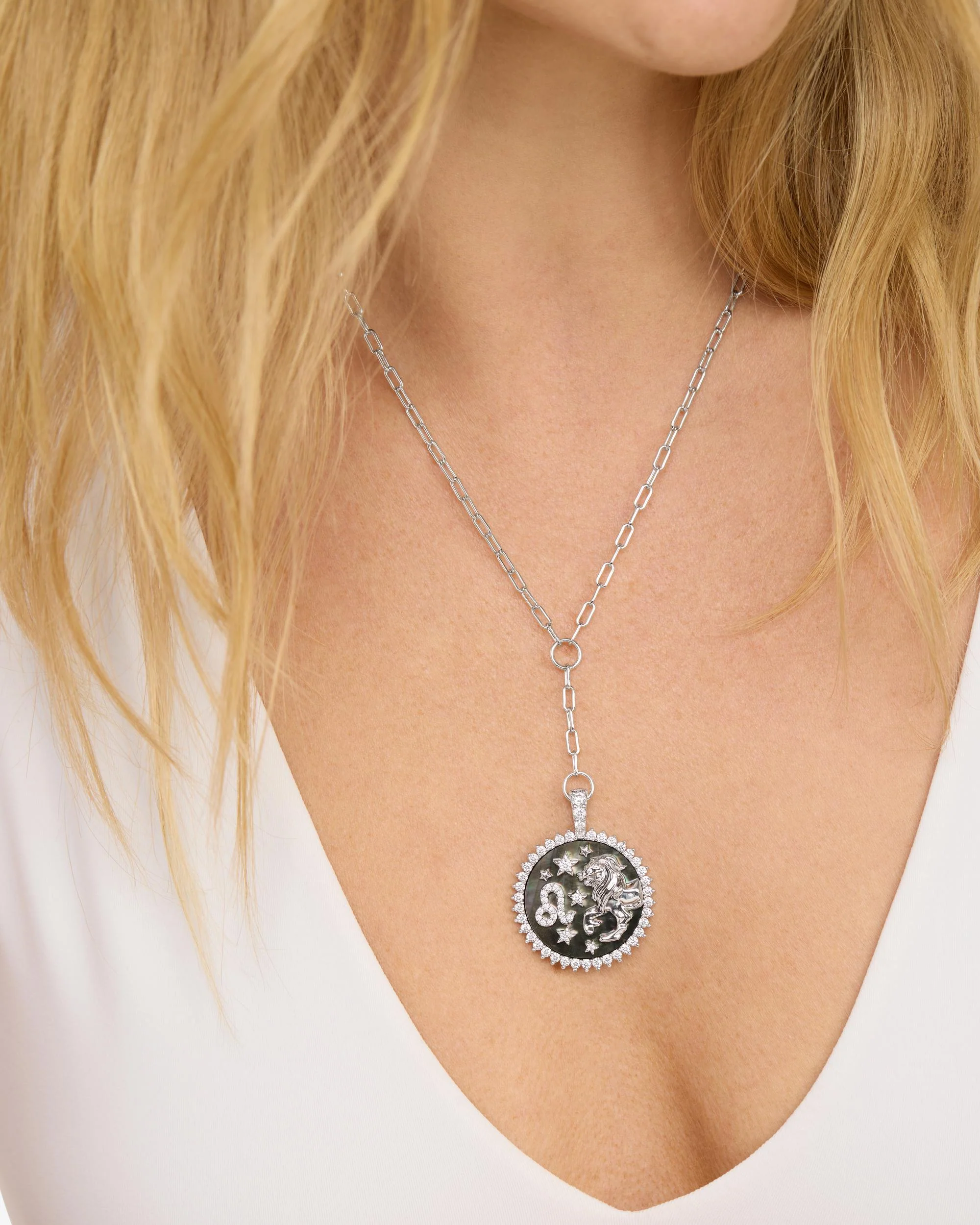 Zodiac Medallion Necklace - Silver|White Diamondettes - Image 42